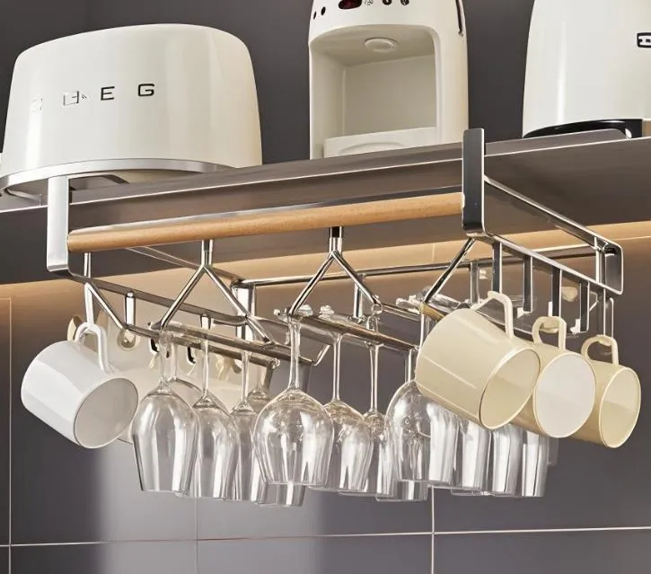 Organizador de Copas y Tazas para Estante de Hiero Cromado y Madera 32×26.5×10.5 cm