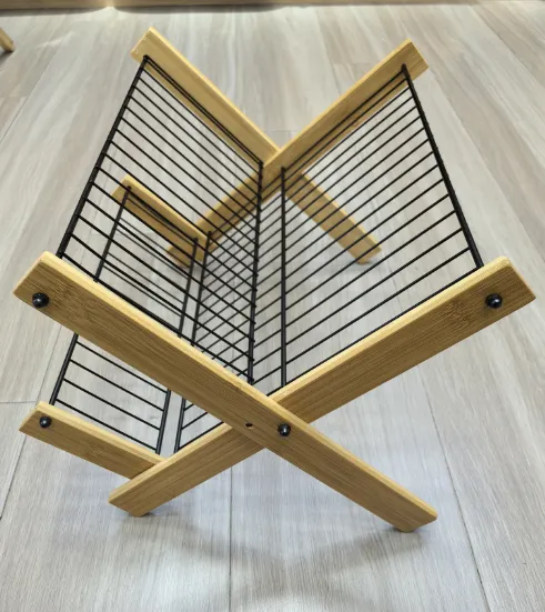 Secaplatos Escurridor Dos Niveles Plegable. Hierro Negro y Bambu 38×34×26 cm