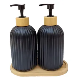 Set Dispenser Duo de Vidrio Negro con Bandeja de Bambu 300Ml