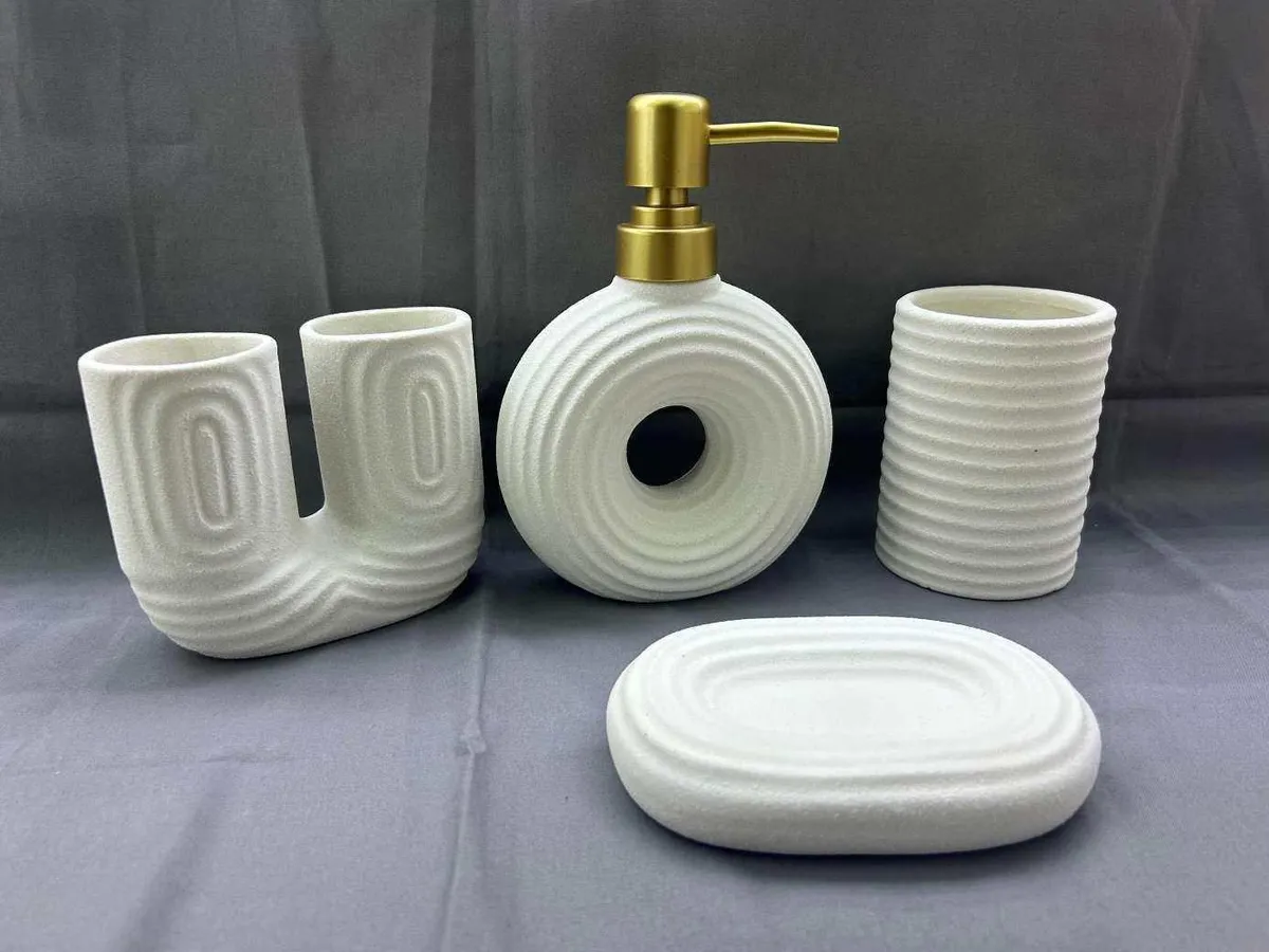 Set Baño X 4 Dispenser Vaso Jabonera Porta Cepillo de Ceramica 300Ml