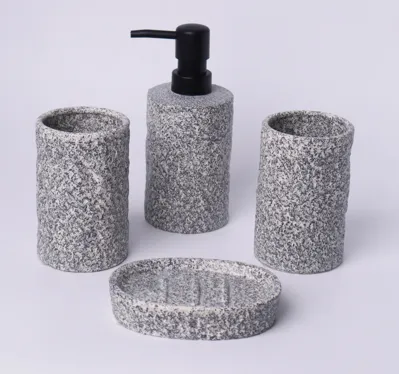 Set Baño X 4 Dispenser Doble Vaso Jabonera de Ceraramica Granito Redondo 300Ml