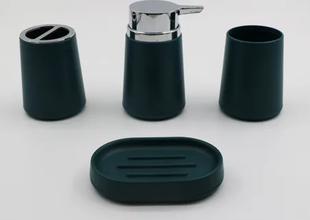 Set X 4 Dispenser Vaso Jabonera y Porta Cepillo de Plastico Verde Musgo y Cromo 300Ml