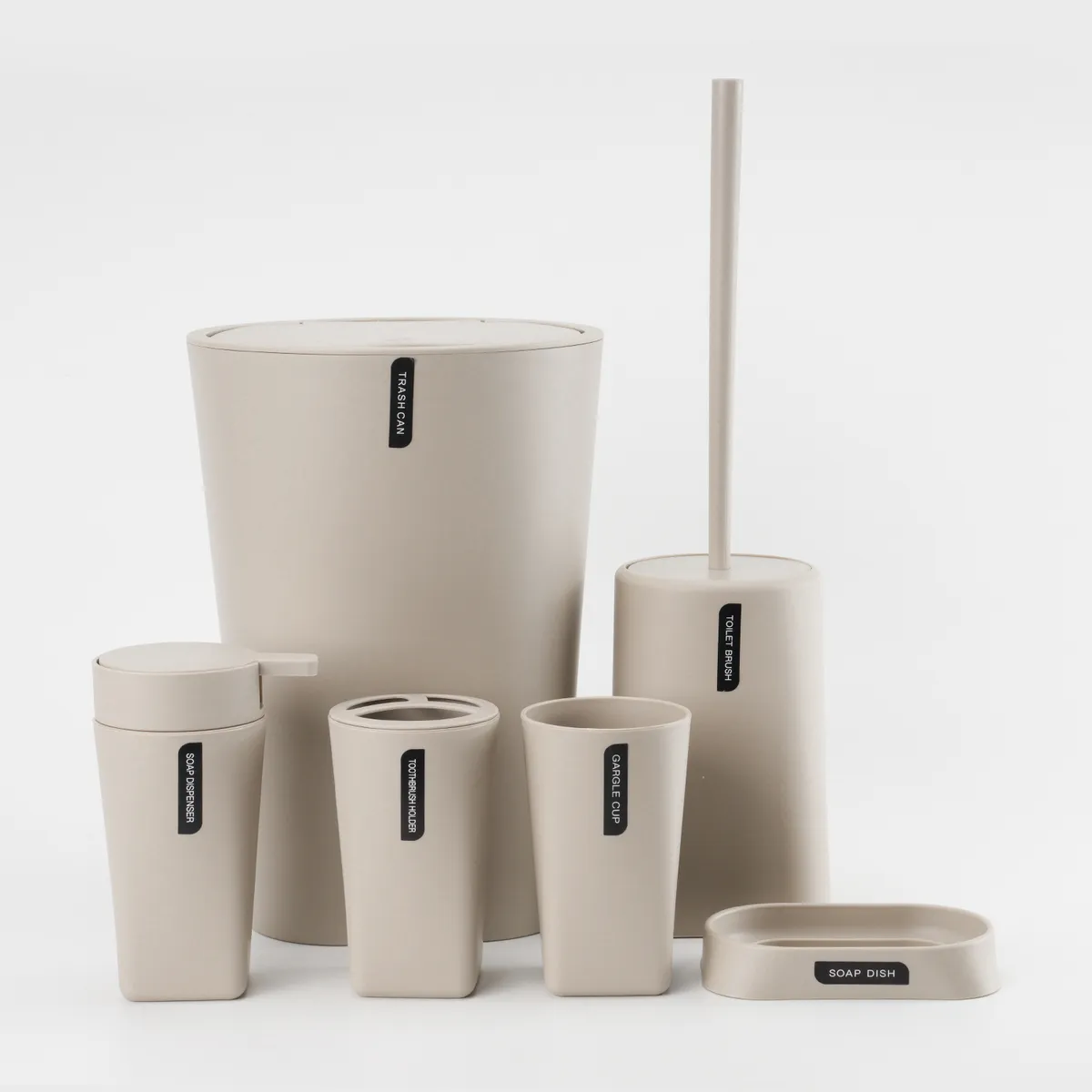 Set X 6 de Baño Dispenser, Porta Cepillo, Vaso, Jabonera, Cepillo de Inodoro y Cesto de Basura Color: Beige