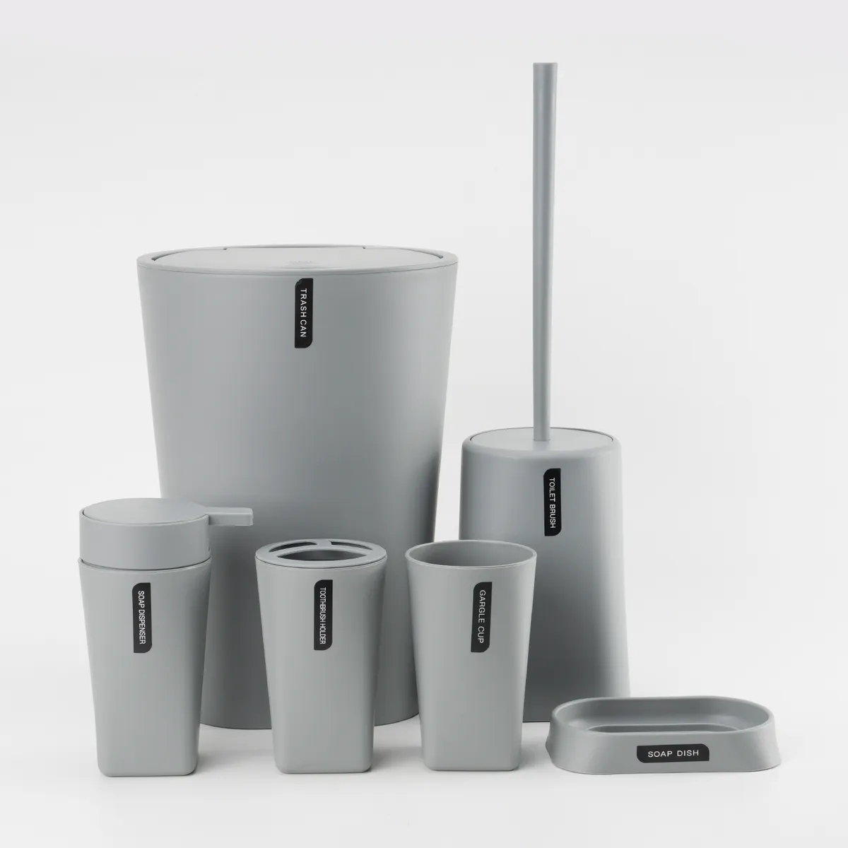 Set X 6 de Baño Dispenser, Porta Cepillo, Vaso, Jabonera, Cepillo de Inodoro y Cesto de Basura Color: Gris