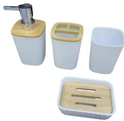 Set X 4 Dispenser Vaso Jabonera y Porta Cepillo de Plastico Blanco Acanalado y Bambu 300Ml