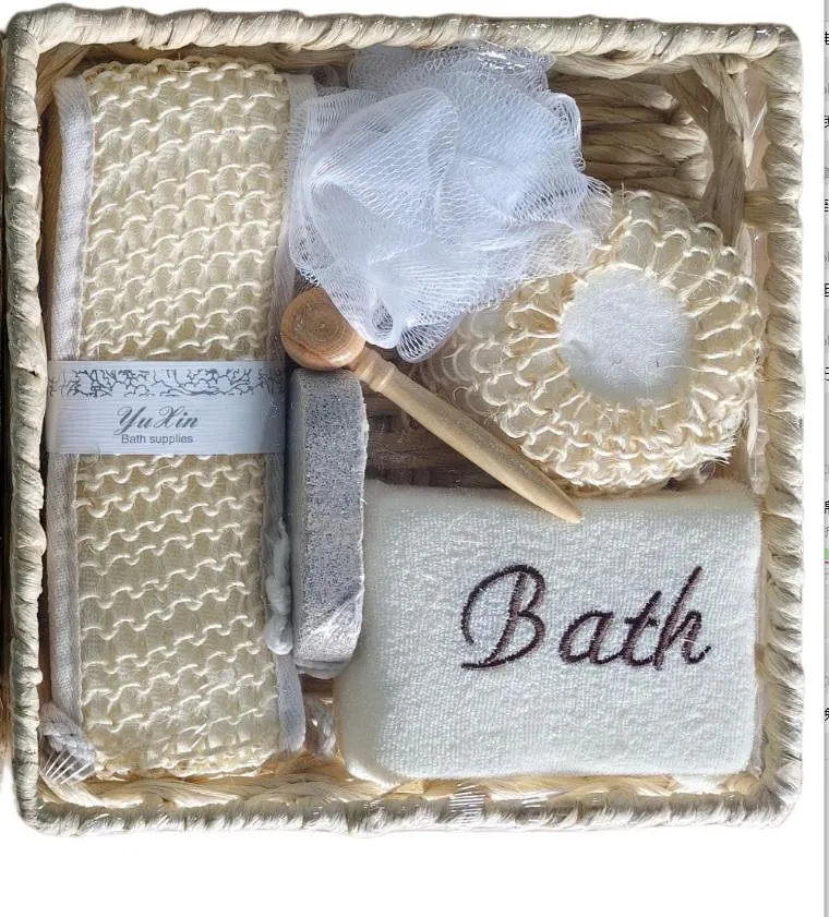 Set X7 "Spa" Canasta, Esponja "Bath", Esponja Exfoliante, Masajeador, Piedra Pome, Esponja de Baño y Esponja Exfoliante Corporal 25×25×5.5