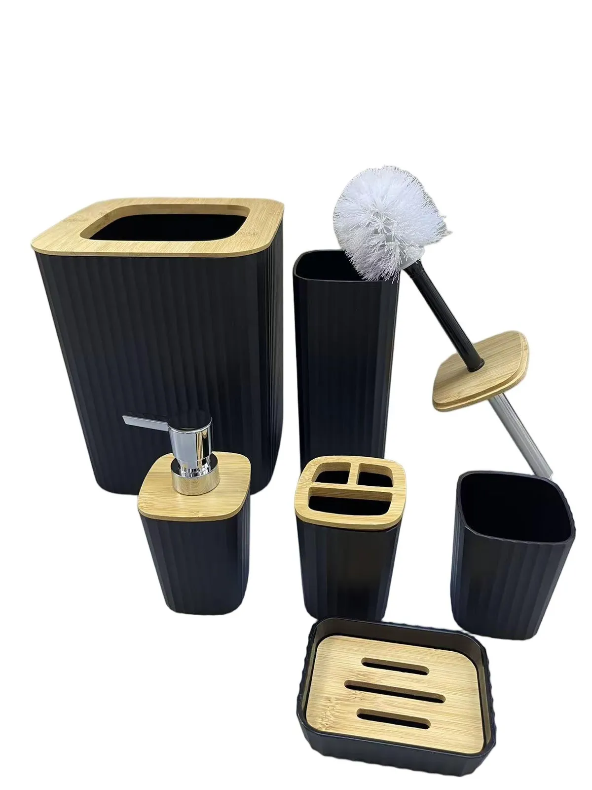 Set X 6 de Baño "Grid" Dispenser, Porta Cepillo, Vaso, Jabonera, Cepillo de Inodoro y Cesto de Basura de Plastico Negro con Bambu