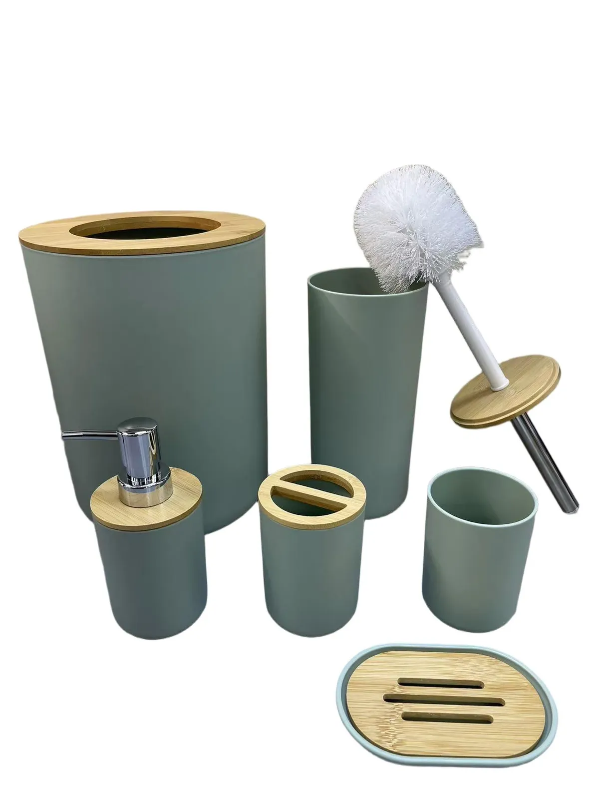 Set X 6 de Baño "Aura" Dispenser, Porta Cepillo, Vaso, Jabonera, Cepillo de Inodoro y Cesto de Basura de Plastico Verde Musgo con Bambu