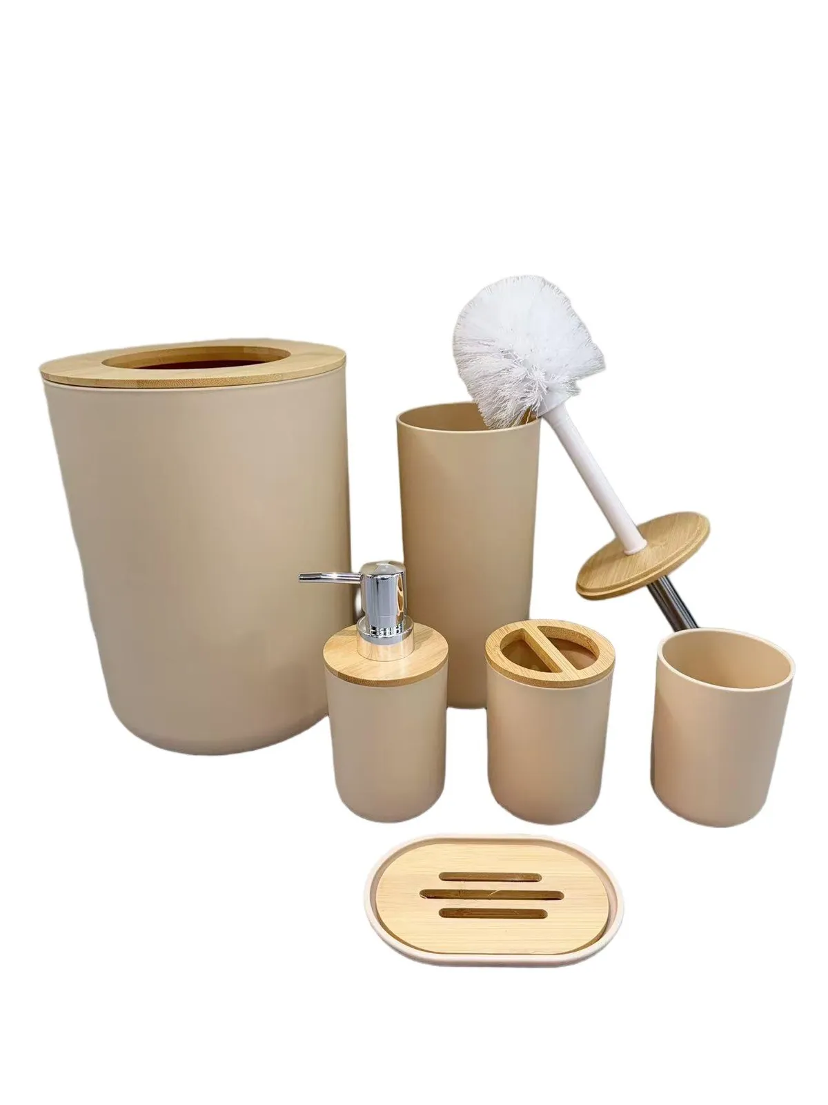 Set X 6 de Baño "Aura" Dispenser, Porta Cepillo, Vaso, Jabonera, Cepillo de Inodoro y Cesto de Basura de Plastico Beige con Bambu