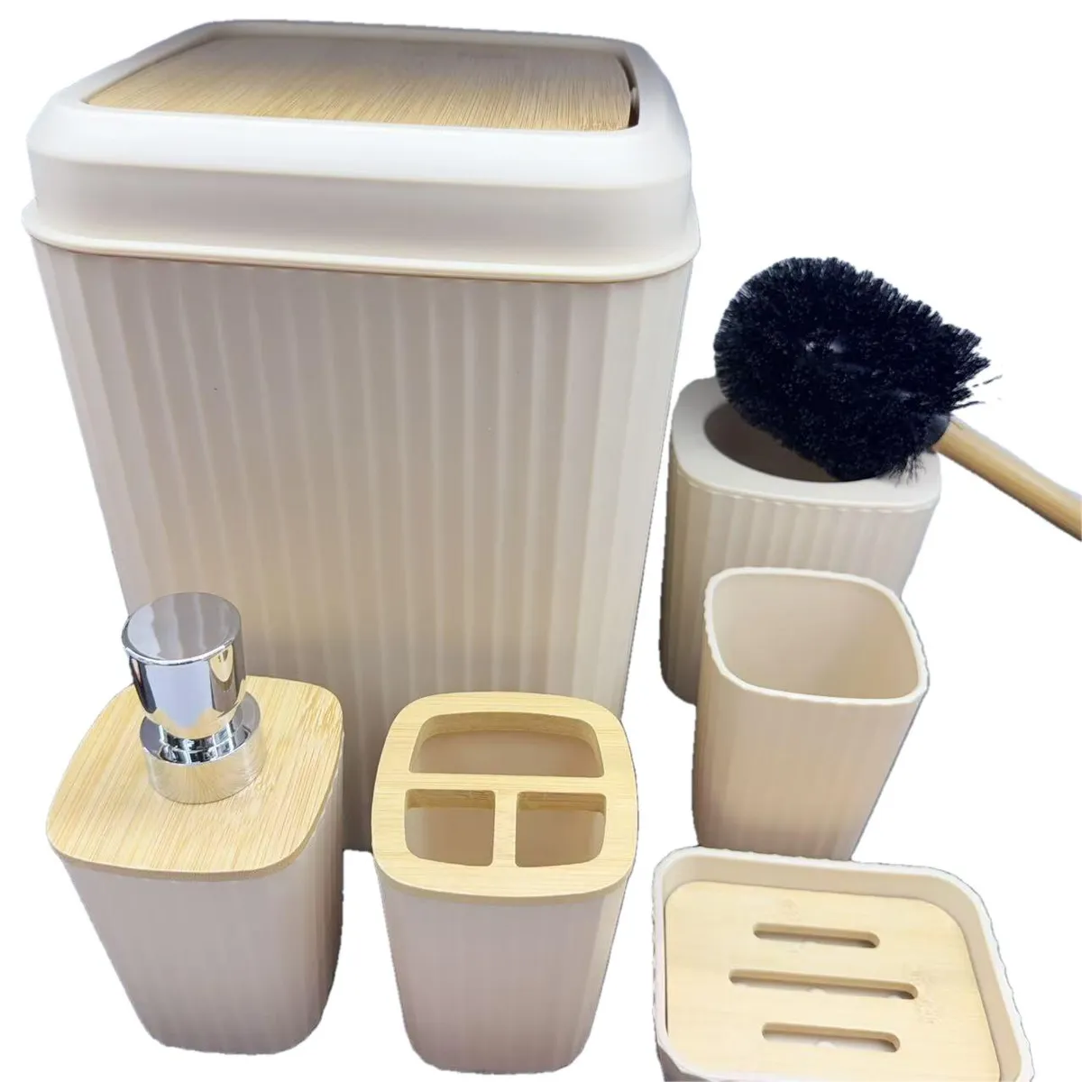 Set X 6 de Baño "Wave" Dispenser, Porta Cepillo, Vaso, Jabonera, Cepillo de Inodoro y Cesto de Basura de Plastico Beige con Bambu
