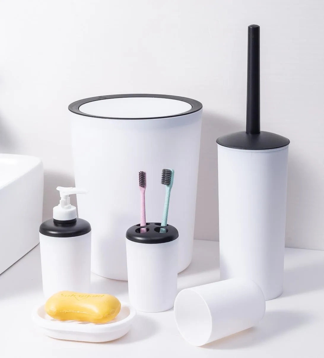 Set X 6 de Baño Dispenser, Porta Cepillo, Vaso, Jabonera, Cepillo de Inodoro y Cesto de Basura de Plastico Negro con Blanco