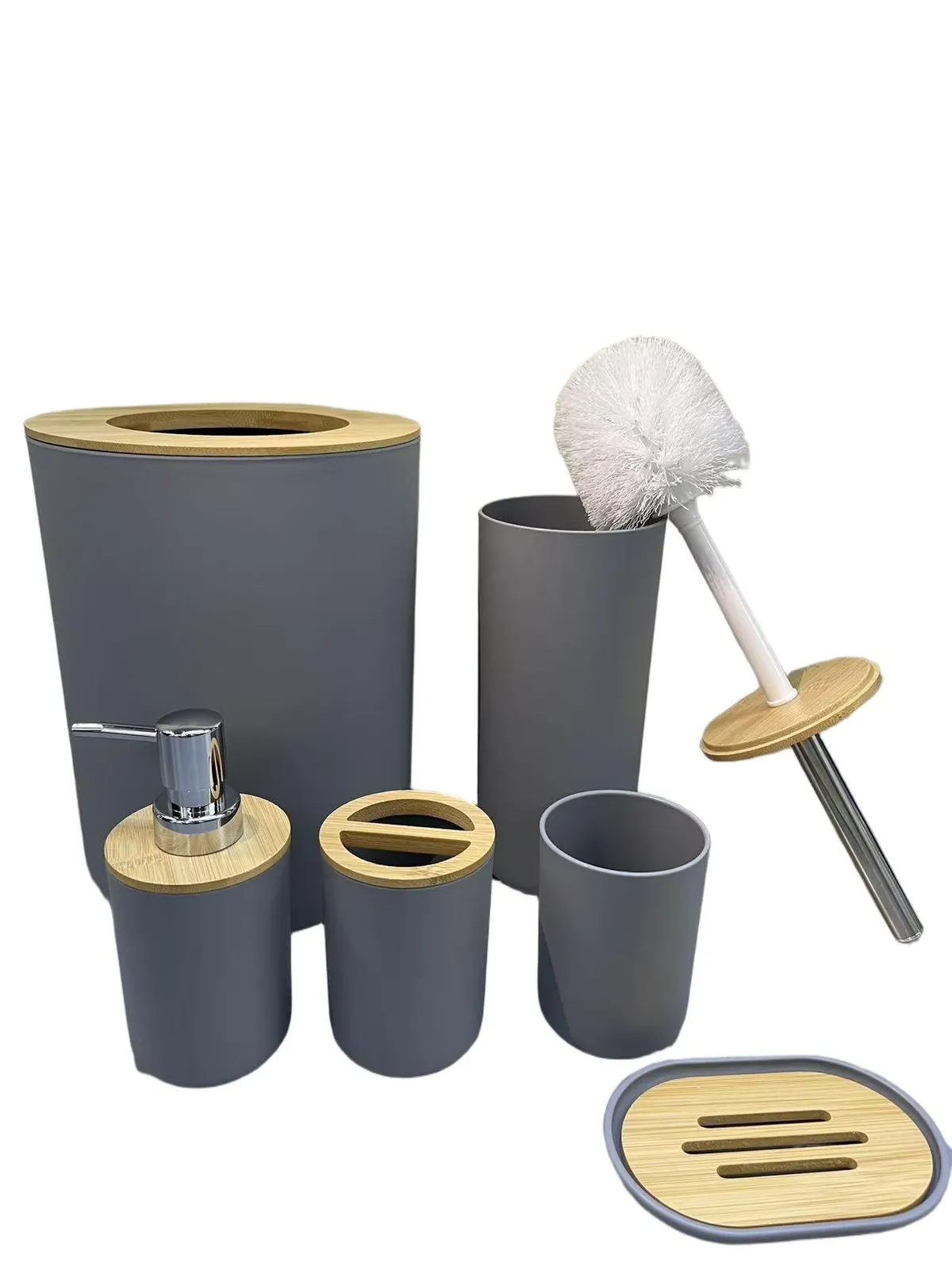 Set X 6 de Baño "Aura" Dispenser, Porta Cepillo, Vaso, Jabonera, Cepillo de Inodoro y Cesto de Basura de Plastico Gris con Bambu
