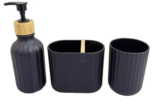 Set X 3 "Grid" Dispenser Porta Cepillo y Vaso de Plastico y Bambu Negro 300Ml