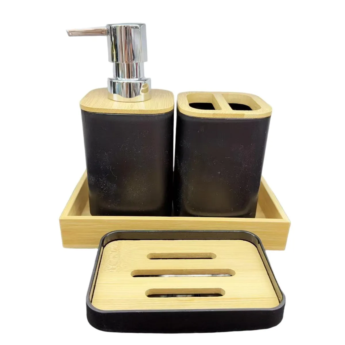 Set X 4 "Grid" Dispenser Jabonera Porta Cepillo de Plastico y Bandeja de Bambu Negro 300Ml