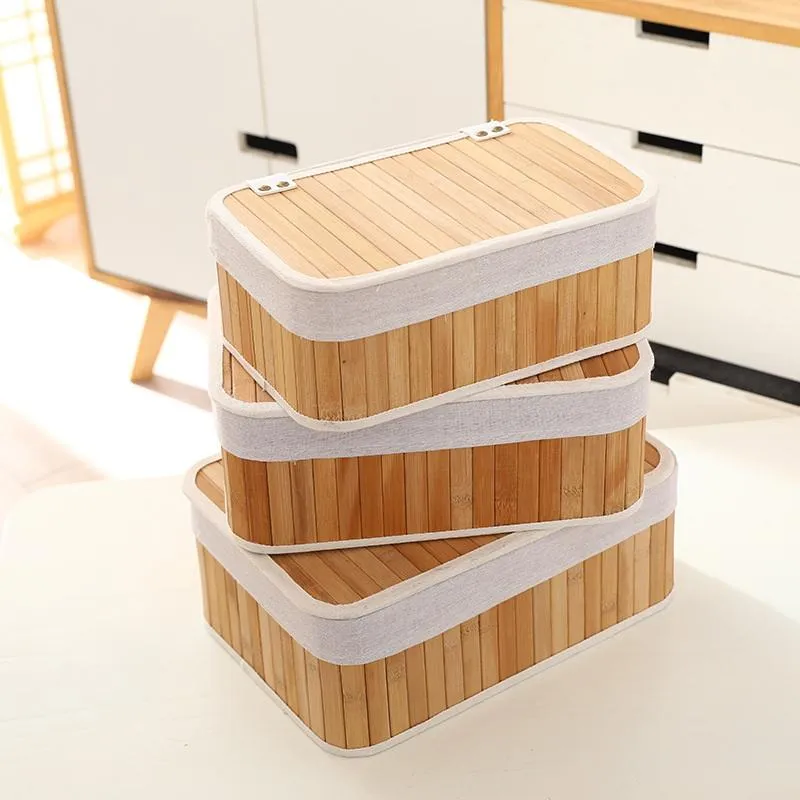 Set X3 Cestos de Bambu y Algodon con Tapa 34.5×15×14 cm - 32.5×22×12.5 cm - 30×20×12 cm