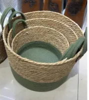 Set X 3 Cestos de Fibras Naturales con Algodon Verde 24×31.5 cm - 20×28 cm 16×24 cm