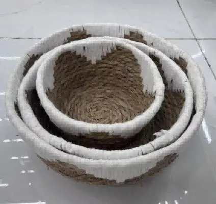 Set X 3 Cestos de Fibras Naturales y Algodon (Beige y Blanco) 31×14 cm - 27×12 cm - 20×11 cm