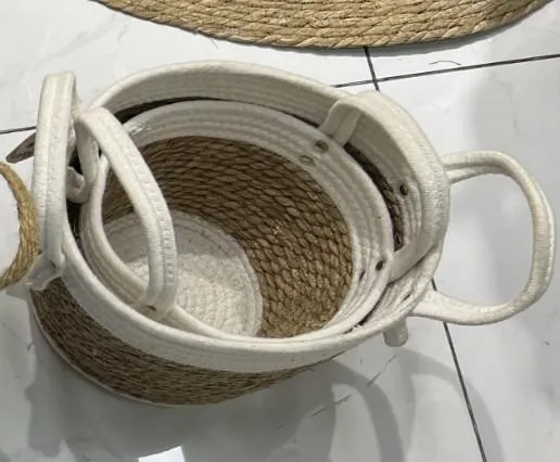 Set X 2 Cestos de Fibras Naturales Beige con Algodón Blanco 19×26 - 15.5×25