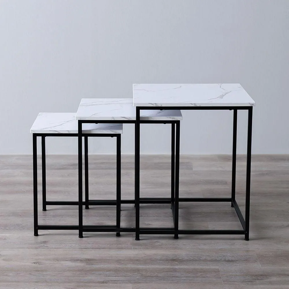 Set X3 de Mesas Ratonas de Hierro y Madera Simil Marmol Blanco 40×40×42 cm - 35×35×38 cm - 30×30×34 cm