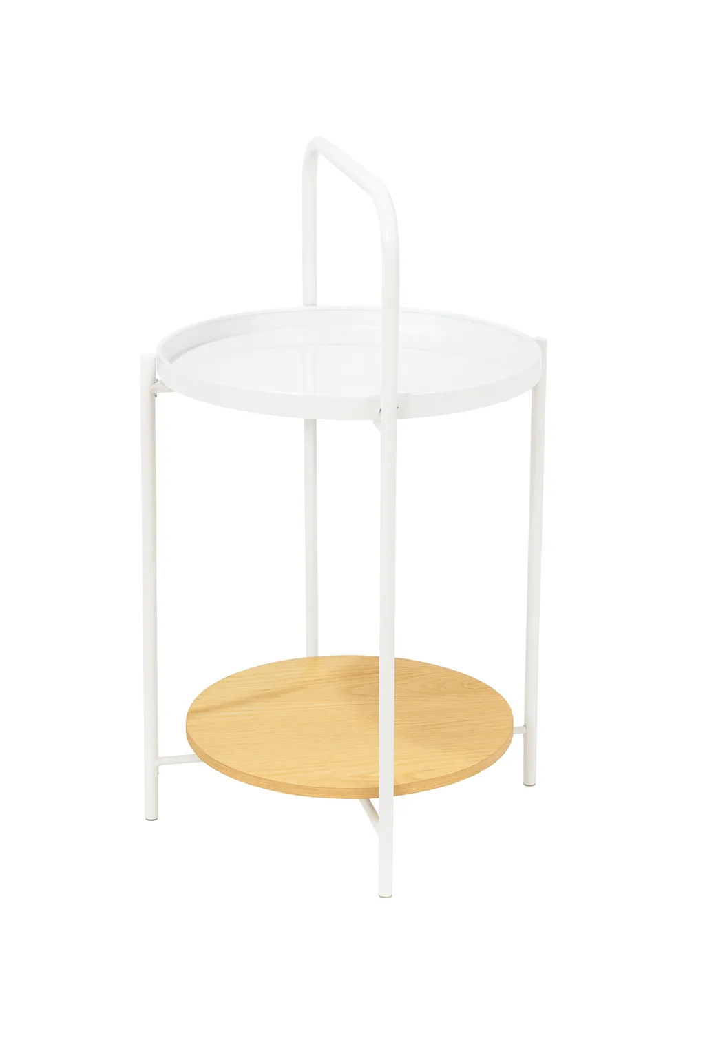 Mesa Auxiliar 2 Niveles con Manija de Hierro Blanco y Madera 70×45.5 cm