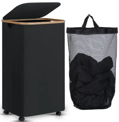 Cesto para Ropa con Ruedas de Tela y Bambu con Tapa y Bolsa Interna 44×33×70 cm