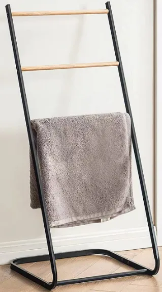 Toallero de Pie de Hierro Negro y Bambu 40×37.5×89 cm