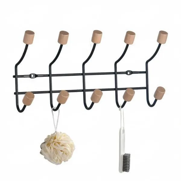 Perchero de Pared de Hierro Negro y Madera 29.5×7×14 cm