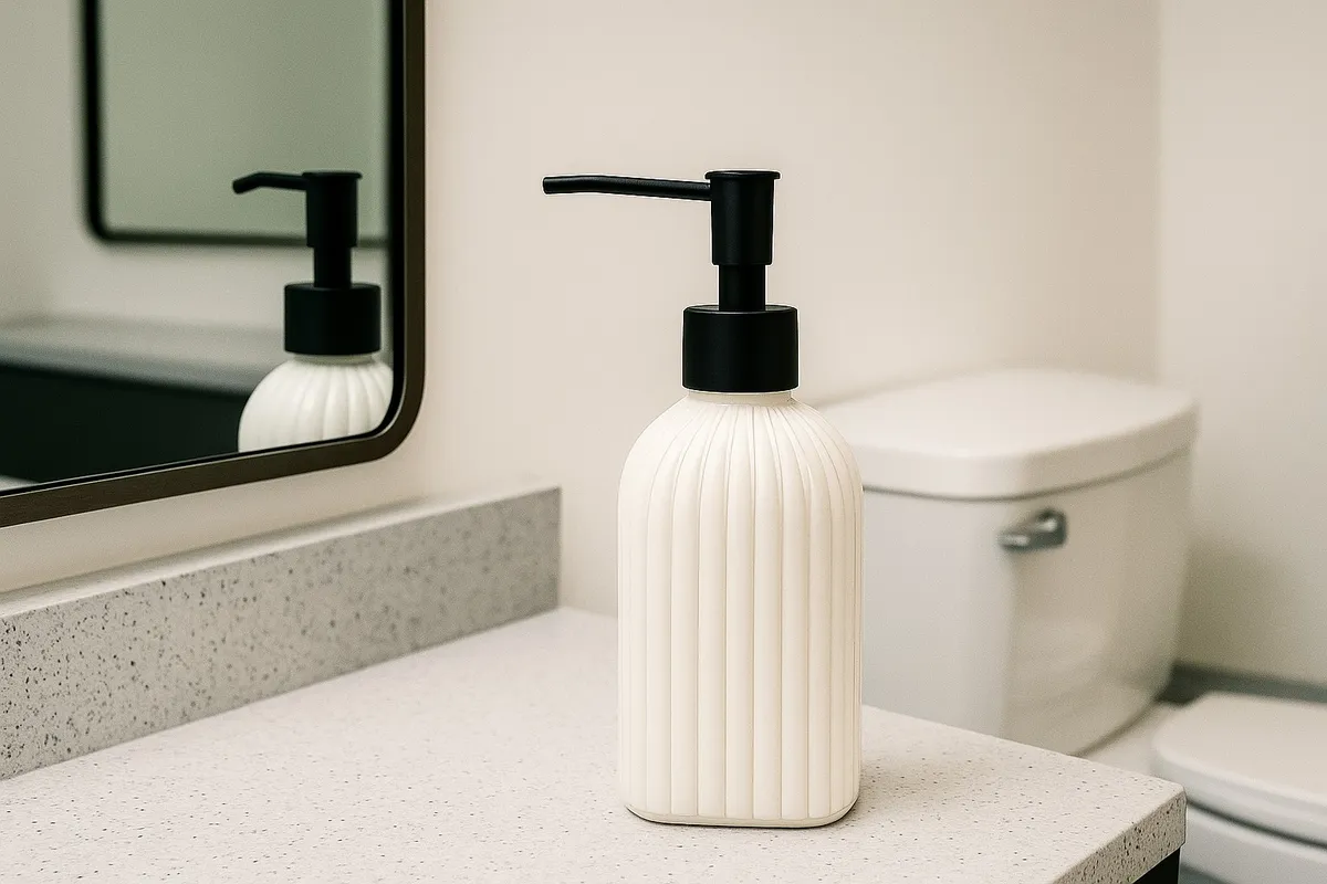 Dispenser de Vidrio Blanco Diseño Acanalado 400Ml Tapa Negra