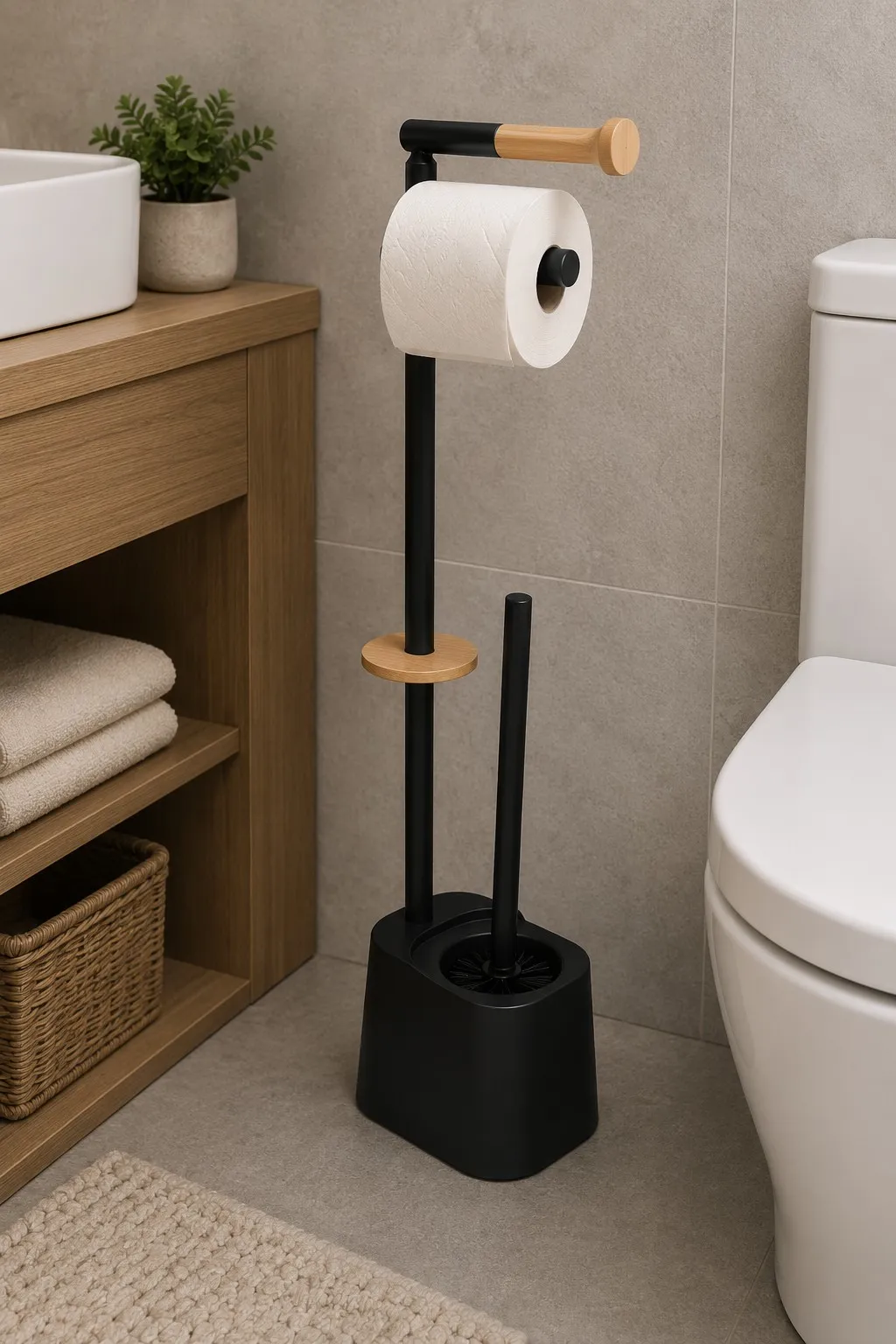 Porta Papel Higienico de Pie con Reserva y Cepillo de Inodoro de Hierro Negro y Bambu 16.5×12.5×67 cm