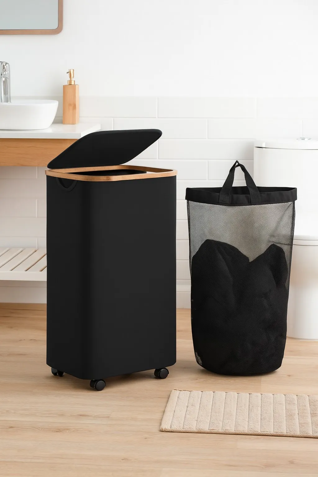 Cesto para Ropa con Ruedas de Tela y Bambu con Tapa y Bolsa Interna 44×33×70 cm
