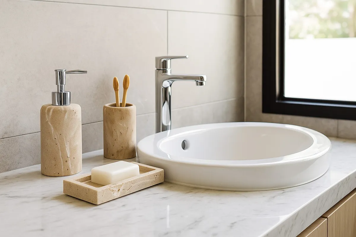 Imagen de Set Baño X 3 Dispenser Vaso Jabonera de Resina Simil Marmol Travertino Tapa Negra 300Ml