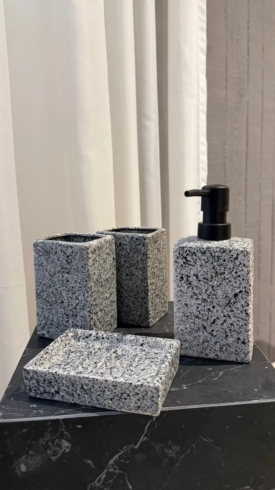 Set Baño X 4 Dispenser Doble Vaso Jabonera de Ceraramica Granito Rectangular 300Ml