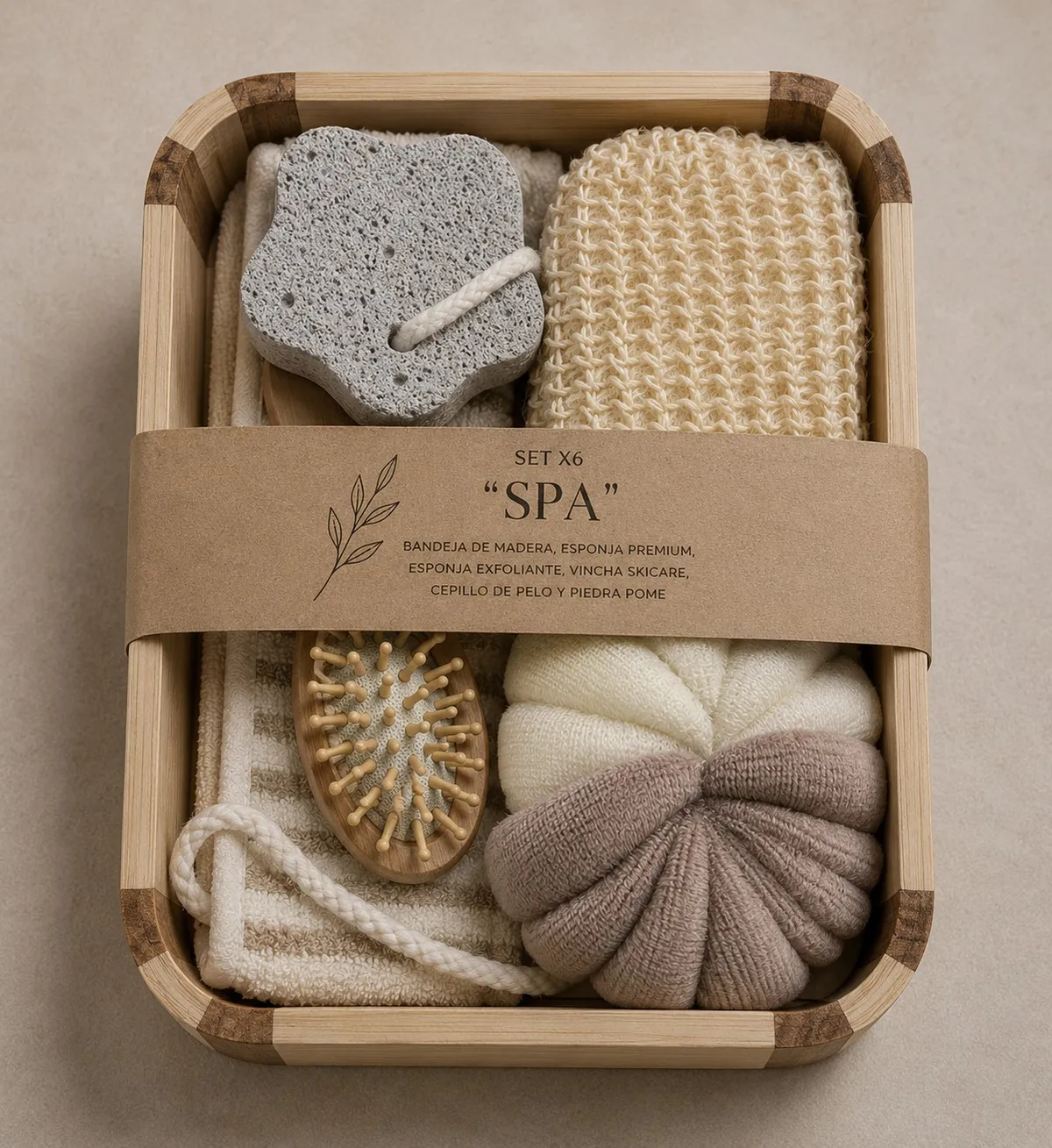 Set X6 "Spa" Bandeja de Madera, Esponja Premium, Esponja Exfoliante, Vincha Skicare, Cepillo de Pelo y Piedra Pome 24×18.5×5 cm