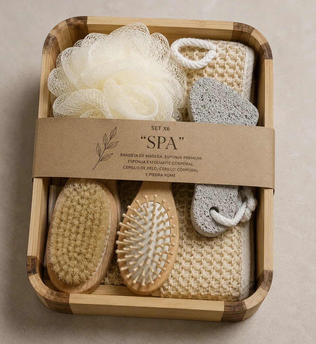 Set X6 "Spa" Bandeja de Madera, Esponja Premium, Esponja Exfoliante Corporal, Cepillo de Pelo, Cepillo Corporal y Piedra Pome 24×18.5×5 cm