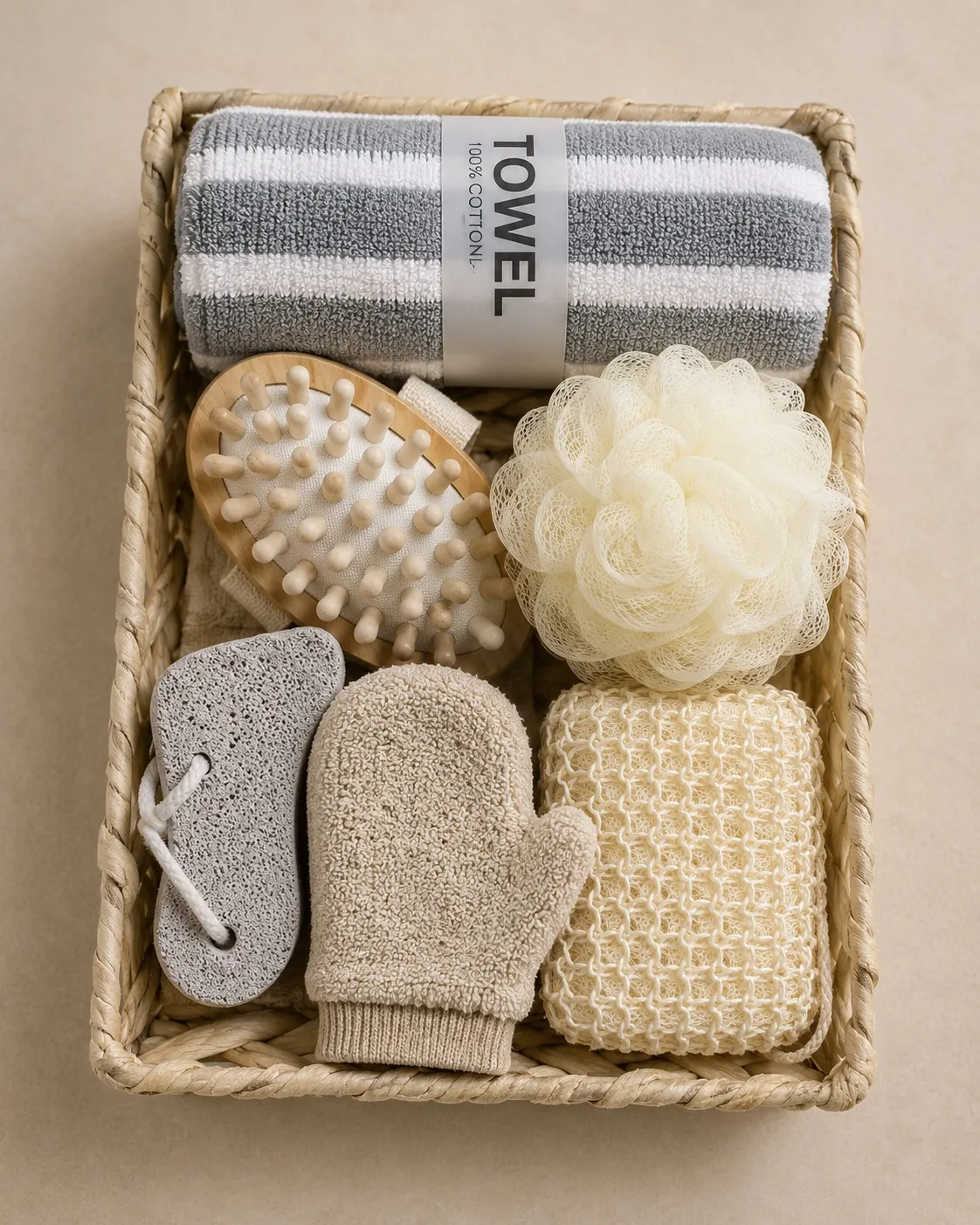 Set X7 "Spa" Canasta, Esponja Premium, Esponja Exfoliante, Masajeador Corporal, Toalla de Algodon, Guante Exfoliante y Piedra Pome 30×20×6