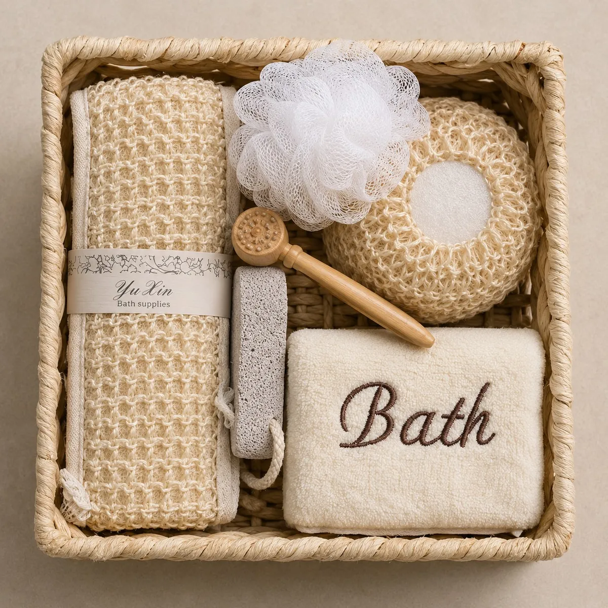 Set X7 "Spa" Canasta, Esponja "Bath", Esponja Exfoliante, Masajeador, Piedra Pome, Esponja de Baño y Esponja Exfoliante Corporal 25×25×5.5