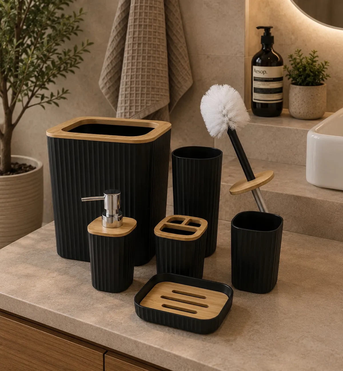 Set X 6 de Baño "Grid" Dispenser, Porta Cepillo, Vaso, Jabonera, Cepillo de Inodoro y Cesto de Basura de Plastico Negro con Bambu