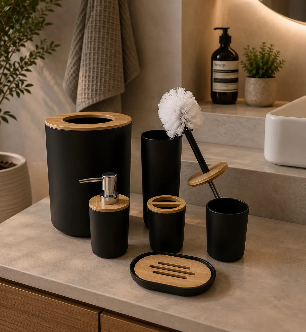 Set X 6 de Baño "Aura" Dispenser, Porta Cepillo, Vaso, Jabonera, Cepillo de Inodoro y Cesto de Basura de Plastico Negro con Bambu