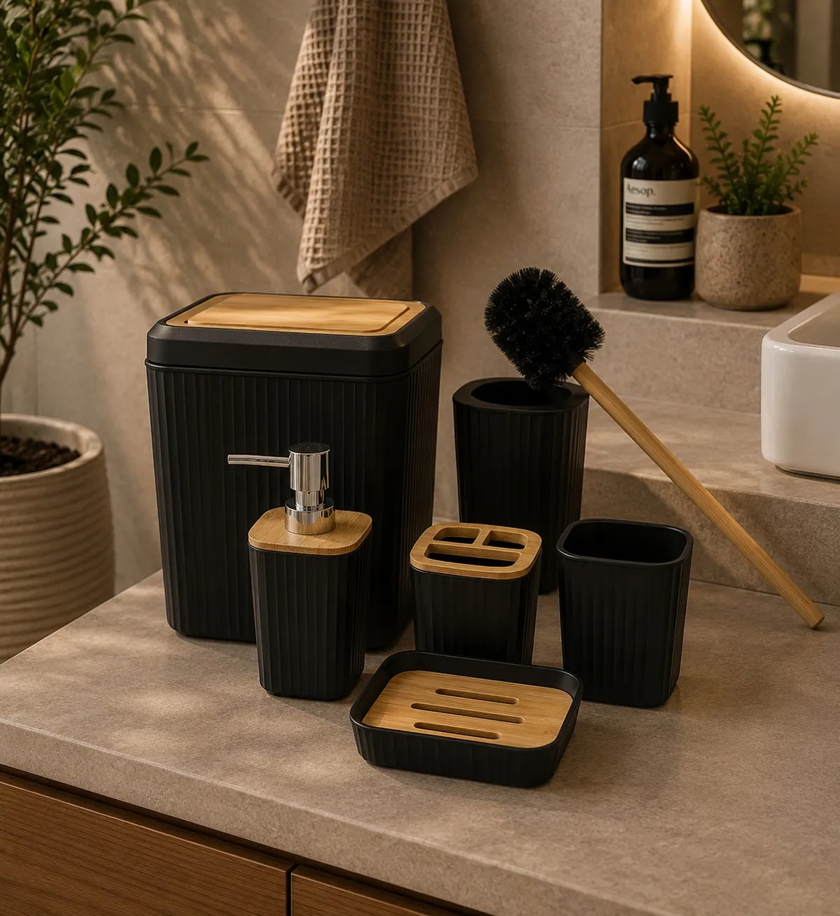 Set X 6 de Baño "Wave" Dispenser, Porta Cepillo, Vaso, Jabonera, Cepillo de Inodoro y Cesto de Basura de Plastico Negro con Bambu