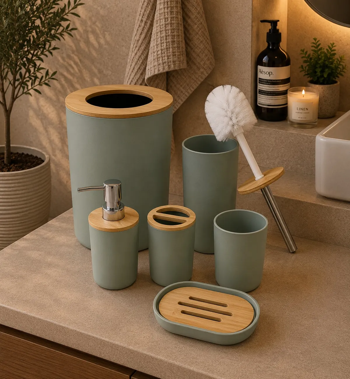 Set X 6 de Baño "Aura" Dispenser, Porta Cepillo, Vaso, Jabonera, Cepillo de Inodoro y Cesto de Basura de Plastico Verde Musgo con Bambu