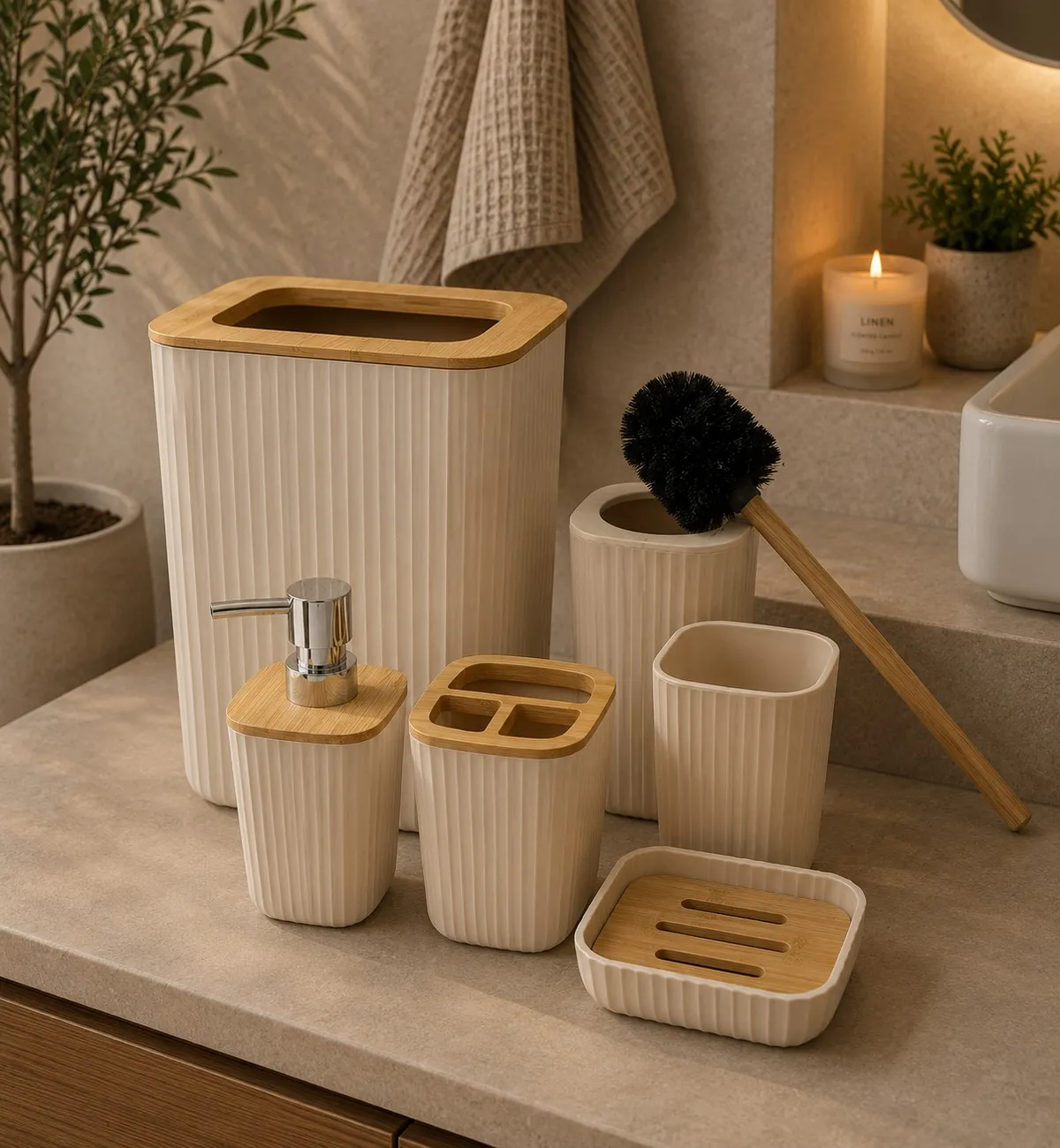 Set X 6 de Baño "Grid" Dispenser, Porta Cepillo, Vaso, Jabonera, Cepillo de Inodoro y Cesto de Basura de Plastico Beige con Bambu