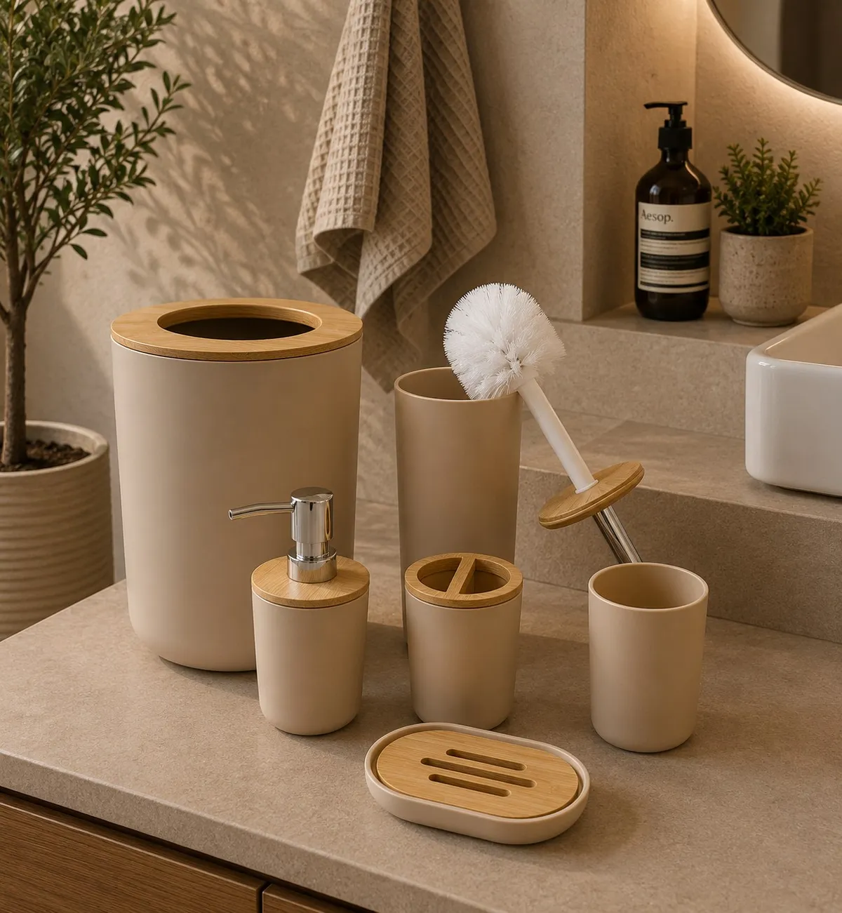 Set X 6 de Baño "Aura" Dispenser, Porta Cepillo, Vaso, Jabonera, Cepillo de Inodoro y Cesto de Basura de Plastico Beige con Bambu