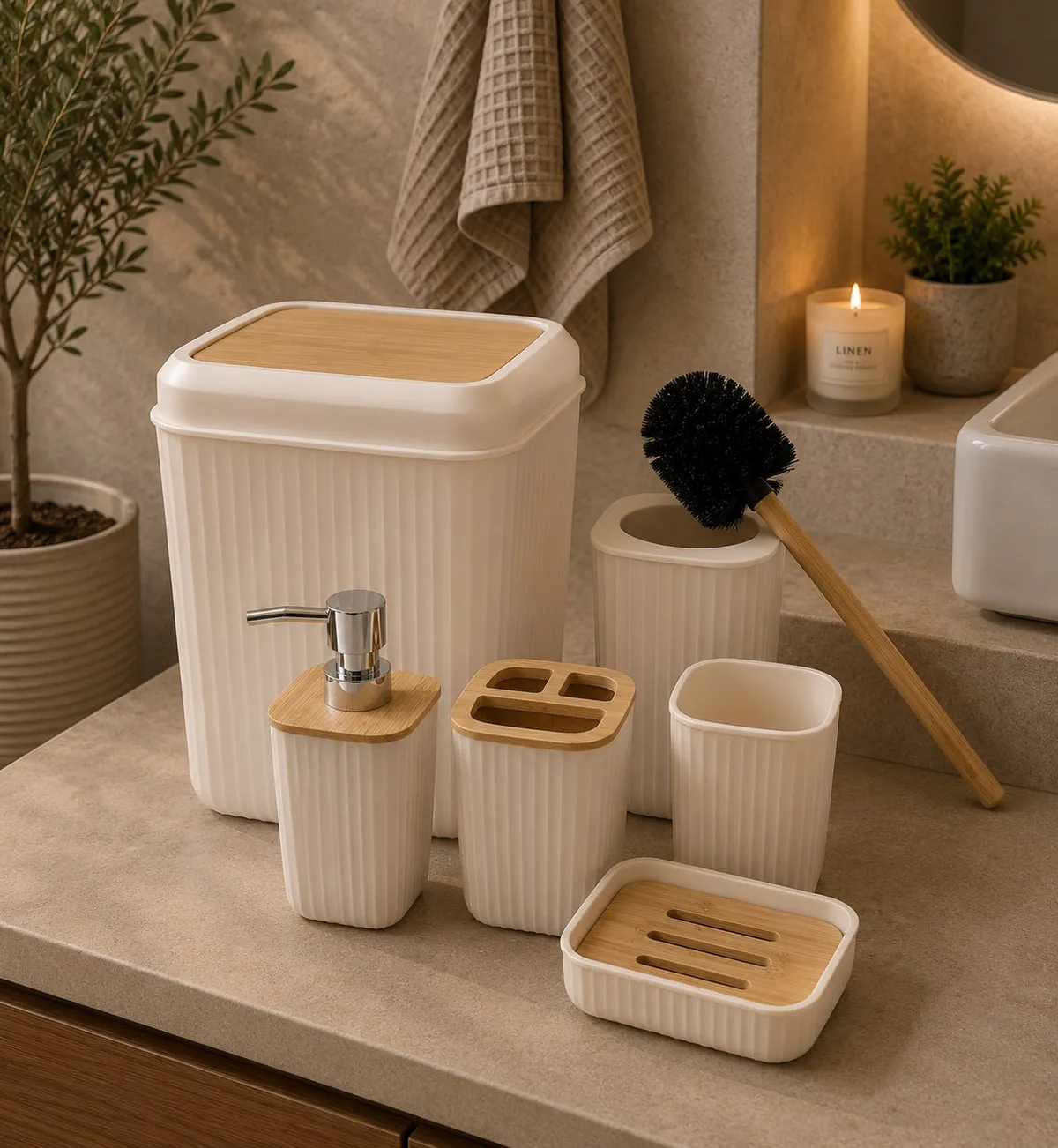 Set X 6 de Baño "Wave" Dispenser, Porta Cepillo, Vaso, Jabonera, Cepillo de Inodoro y Cesto de Basura de Plastico Beige con Bambu