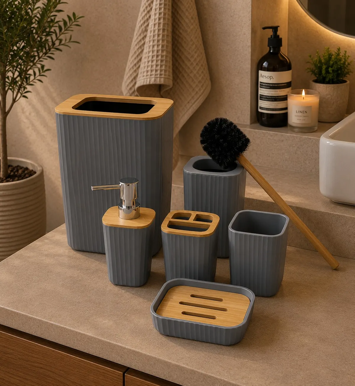 Set X 6 de Baño "Grid" Dispenser, Porta Cepillo, Vaso, Jabonera, Cepillo de Inodoro y Cesto de Basura de Plastico Gris con Bambu