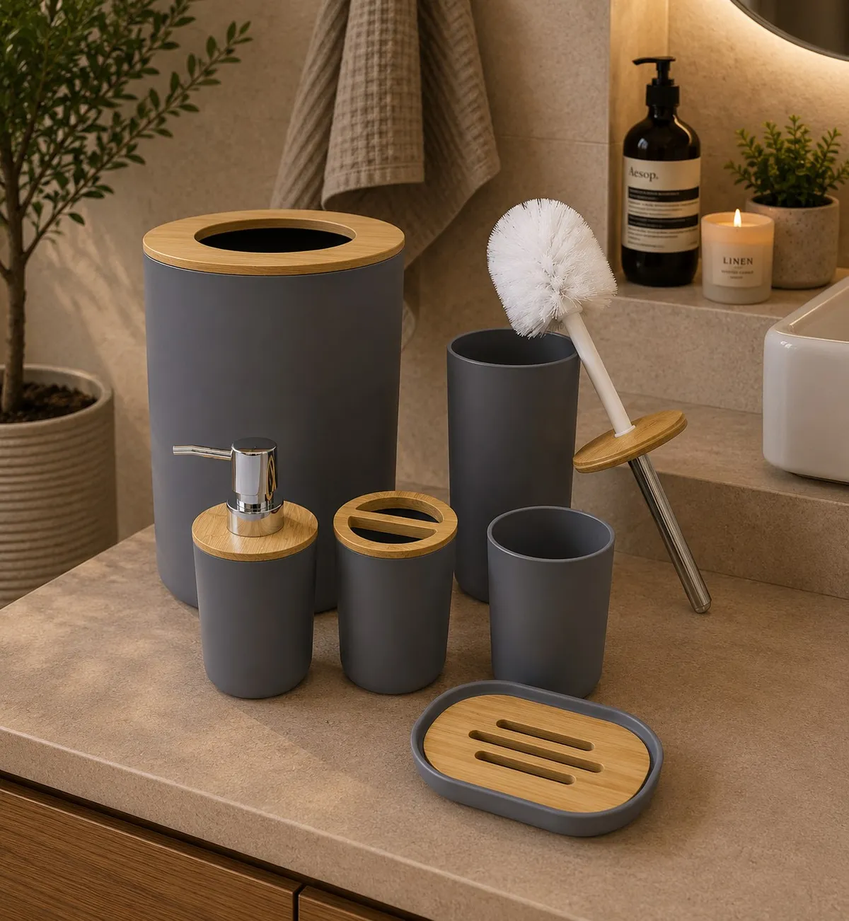 Set X 6 de Baño "Aura" Dispenser, Porta Cepillo, Vaso, Jabonera, Cepillo de Inodoro y Cesto de Basura de Plastico Gris con Bambu