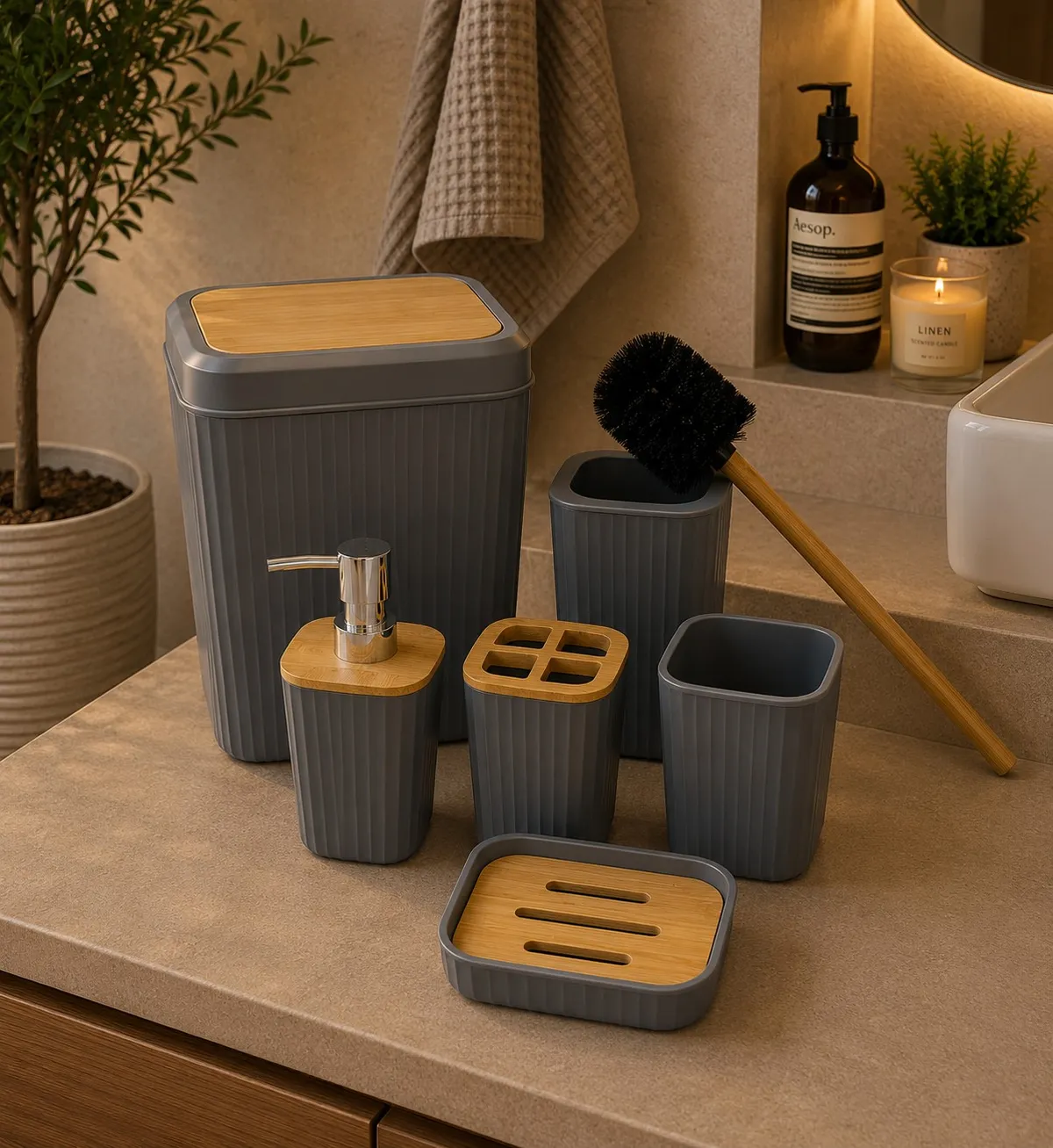 Set X 6 de Baño "Wave" Dispenser, Porta Cepillo, Vaso, Jabonera, Cepillo de Inodoro y Cesto de Basura de Plastico Gris con Bambu