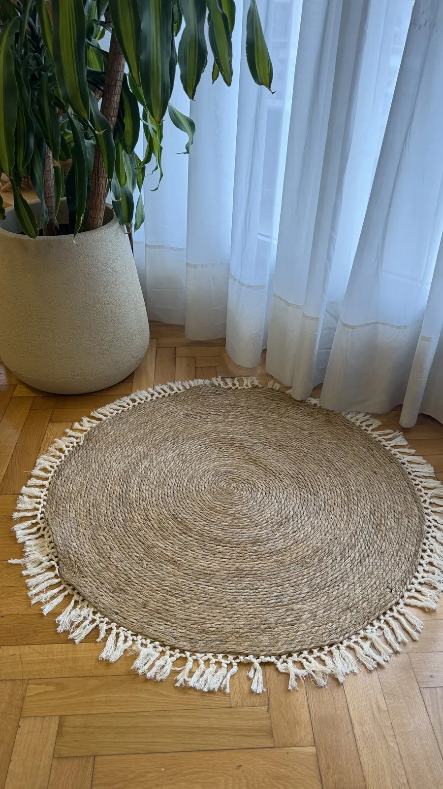 Alfombra de Fibras Naturales Beige con Flecos de Algodon 100 cm