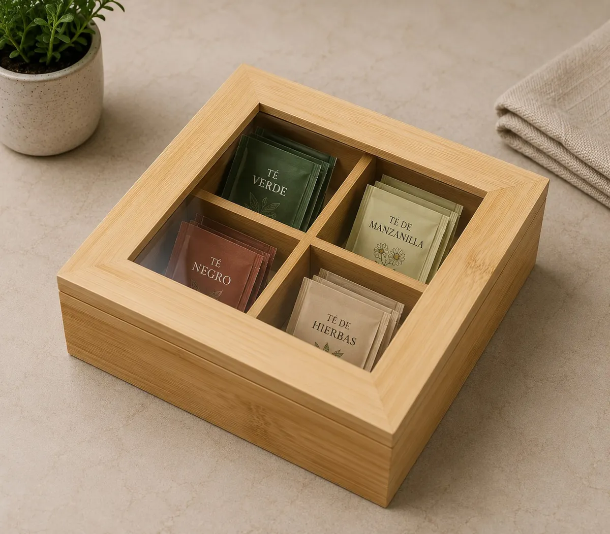 Caja de Té de Bambu 4 Espacios 16×16×7 cm