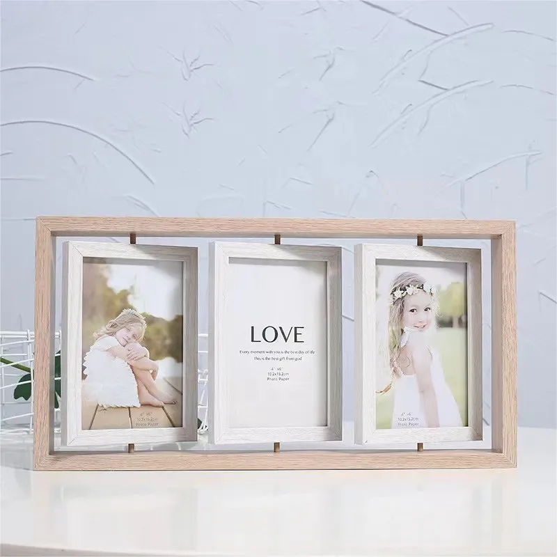 Portaretrato X3 de Madera con Blanco Giratorio Doble Foto Vertical 13×18 cm