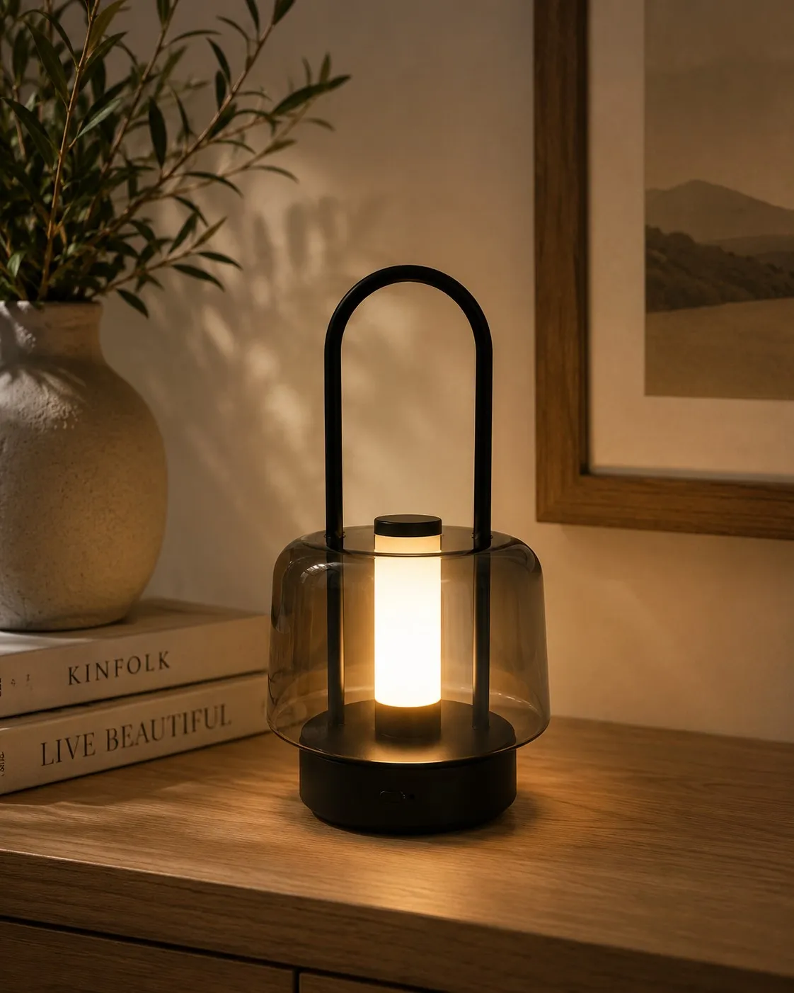 Lampara "Farol" LED 3 Tonos, Tactil USB Recargable Color Negro con Tulipa de Acrilico 13×25 cm